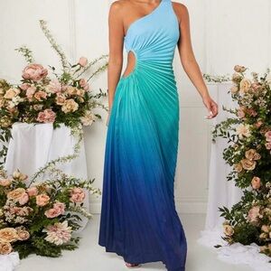 Shein Blue Green Radiance Ombre Asymmetrical Pleated Maxi Dress